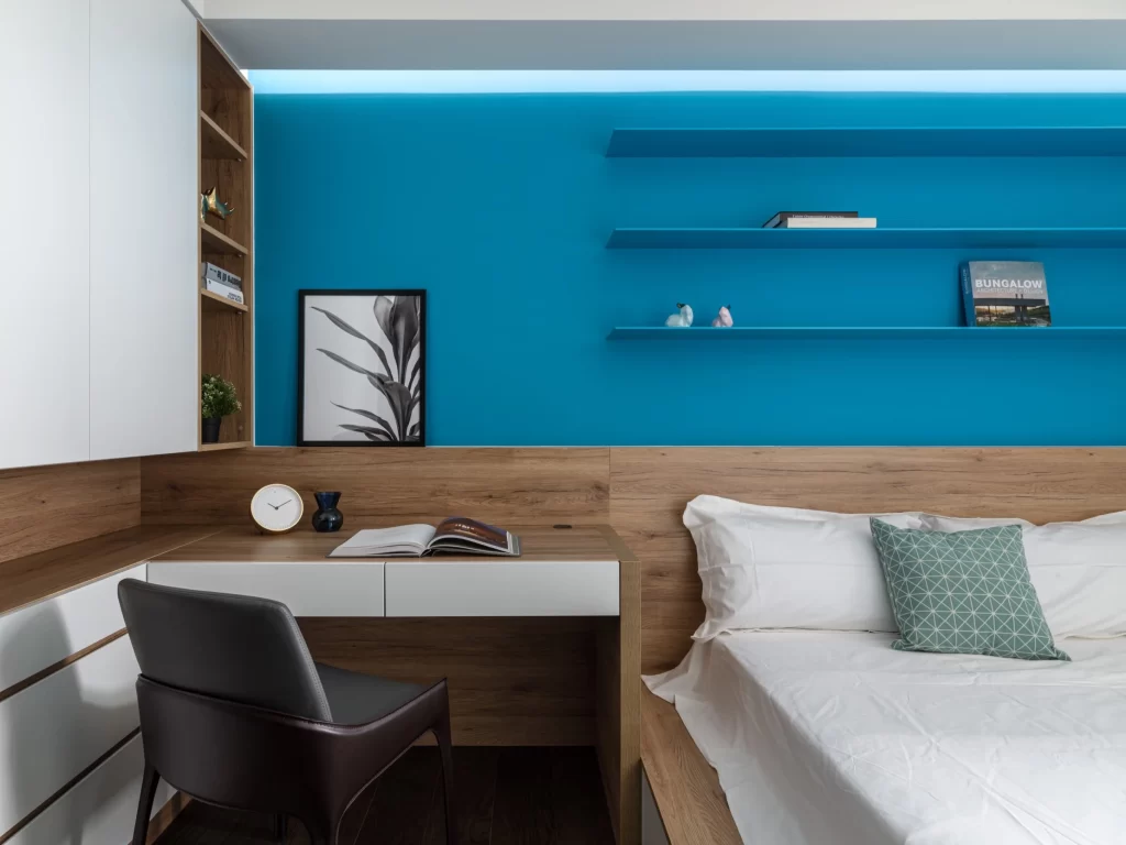 Bedroom Modern Blue Neutral Wood Shelving