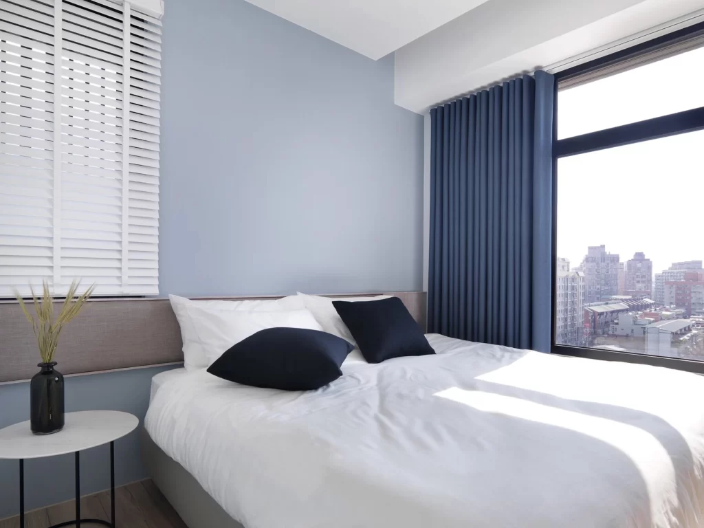 Bedroom Modern Blue White Neutral Large Window