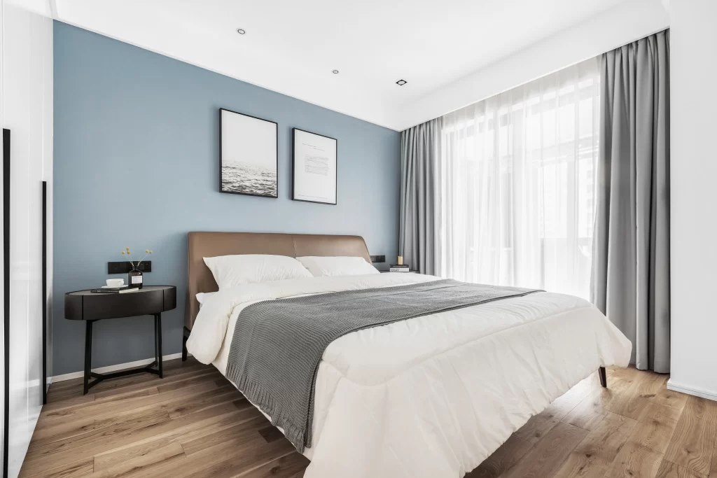 Bedroom Modern Blue White Neutral Wood