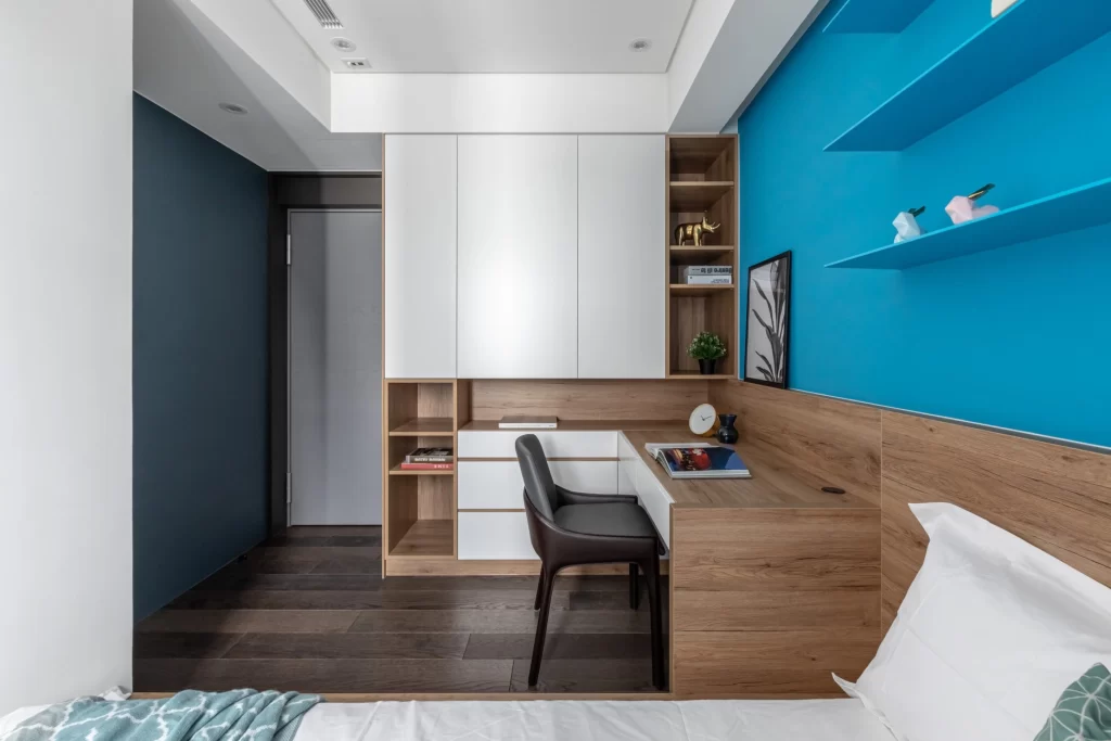 Bedroom Modern Blue White Wood Shelving