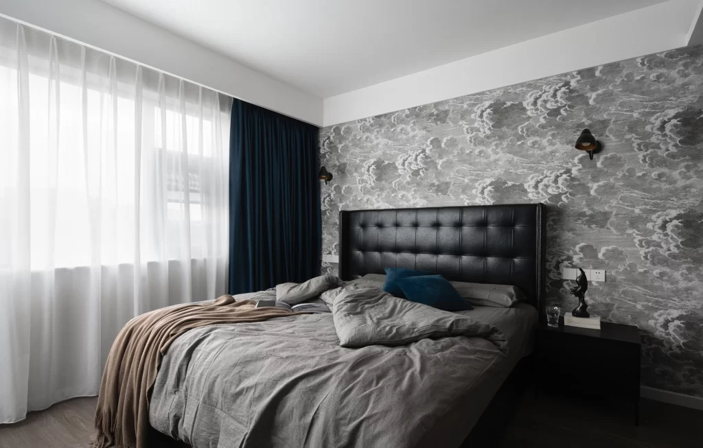 Bedroom Modern Dark Tones Patterned Wallpaper Tufted Headboard