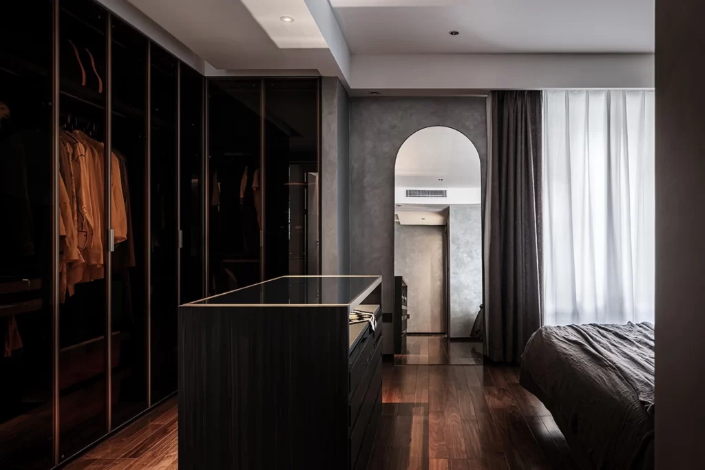 Bedroom Modern Dark Wood Neutral Tones Arched Mirror
