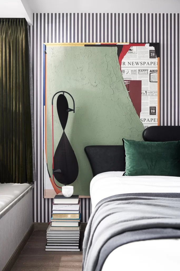 Bedroom Modern Eclectic Striped Wallpaper Mixed Textures Green Black White