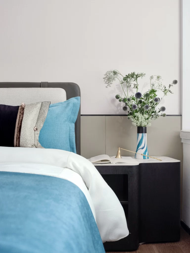 Bedroom Modern Minimalist Blue White Neutral Wood