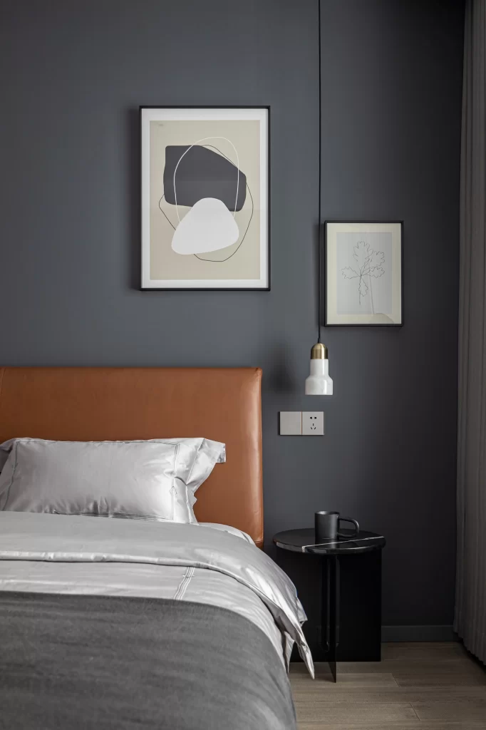 Bedroom Modern Minimalist Dark Gray Neutral Leather Headboard Abstract Art