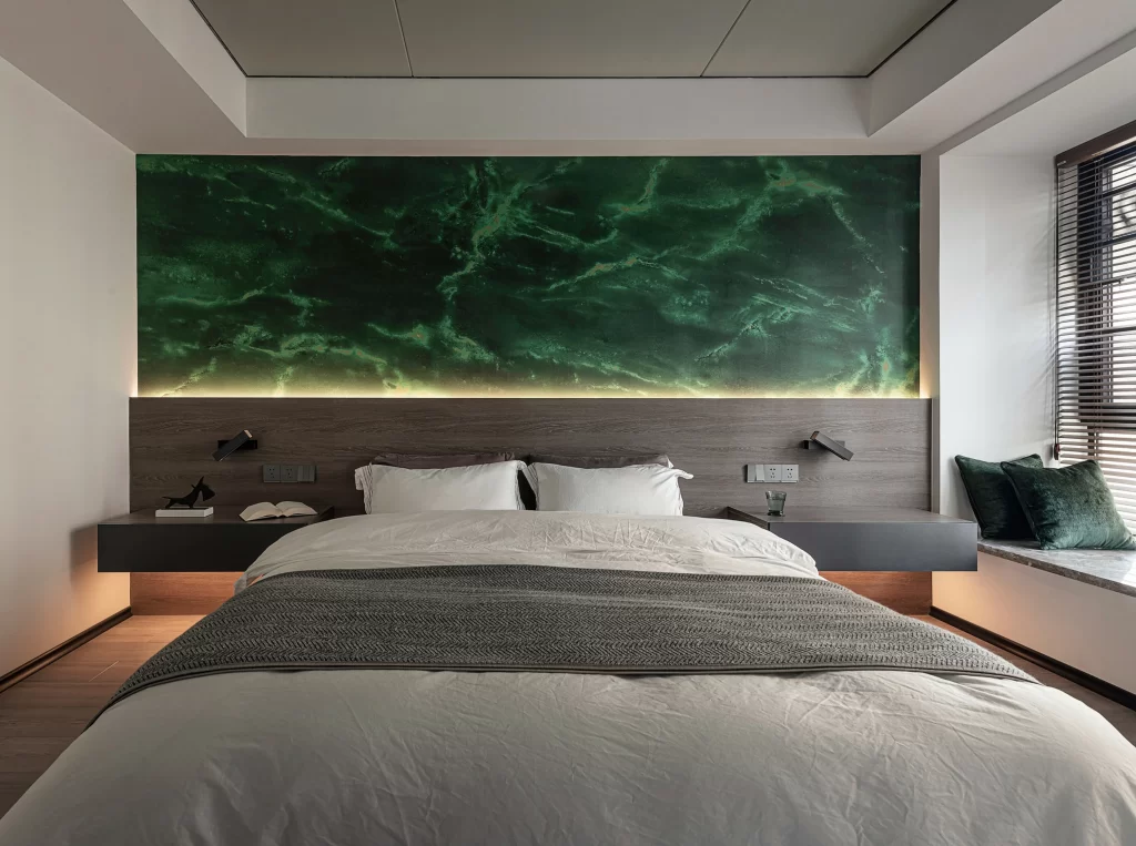 Bedroom Modern Minimalist Green Marble Neutral Wood