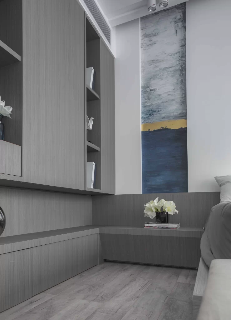 Bedroom Modern Minimalist Grey Neutral Wood Accents