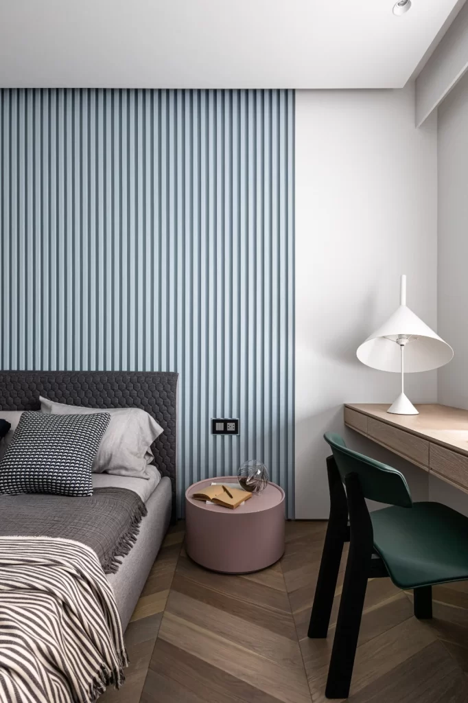 Bedroom Modern Minimalist Neutral Blue Gray White Wood