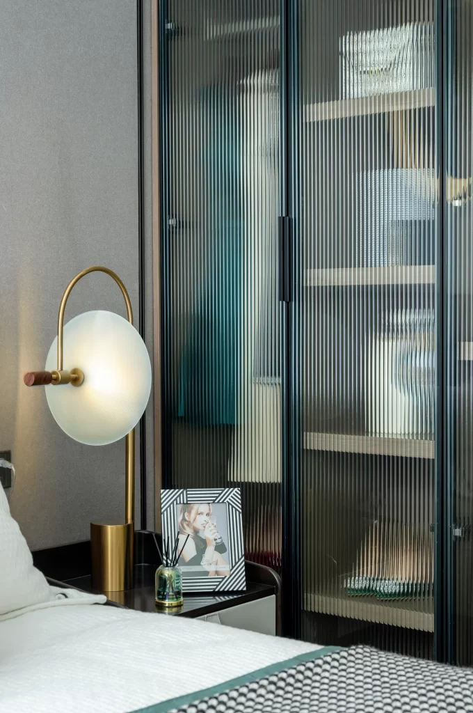 Bedroom Modern Minimalist Neutral Gold Accents Glass Doors