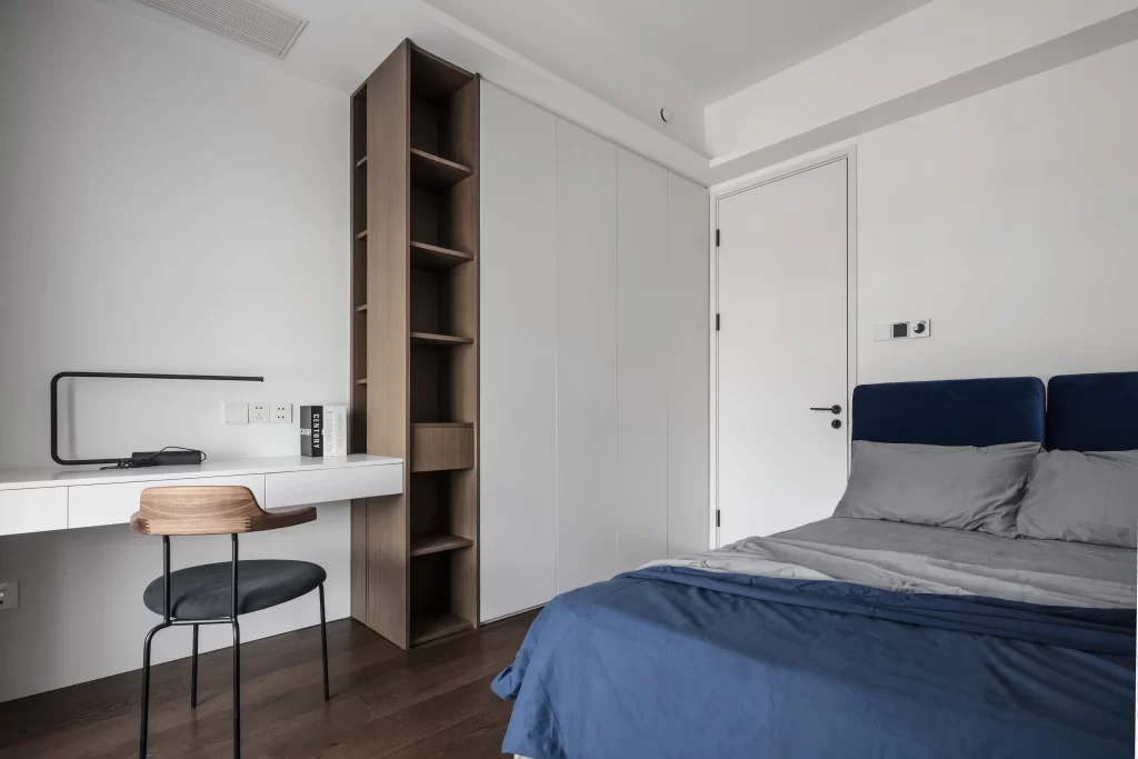Bedroom Modern Minimalist White Blue Neutral Wood