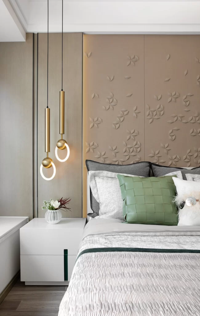 Bedroom Modern Neutral Beige Gold Accents Textured Wall