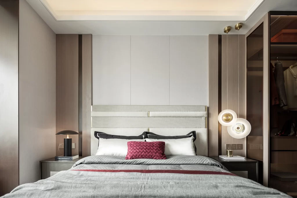 Bedroom Modern Neutral Beige Gray Red Accents