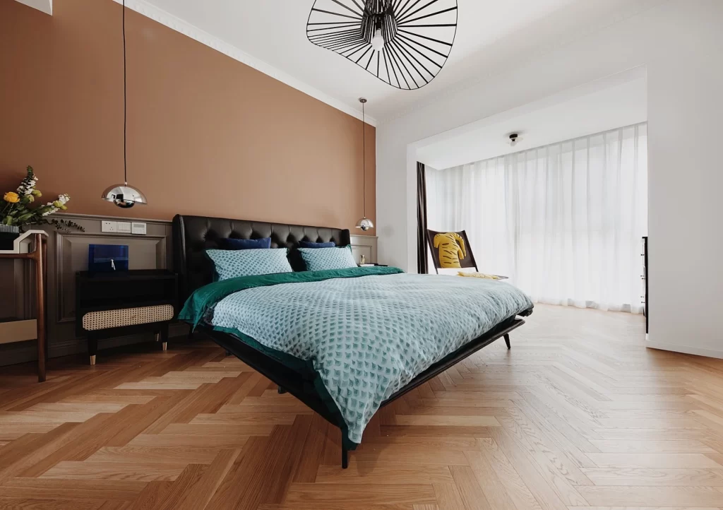 Bedroom Modern Neutral Beige Green Patterned Bedding Wooden Floor