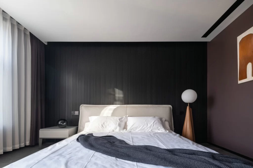 Bedroom Modern Neutral Dark Wall White Bedding Simple