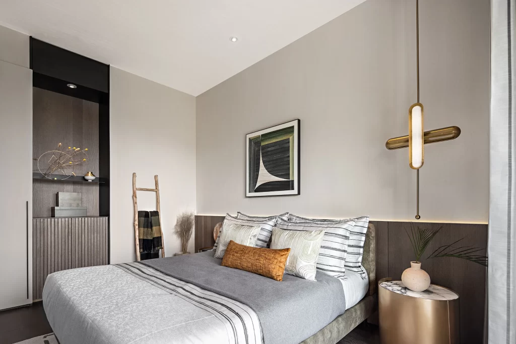 Bedroom Modern Neutral Gray Black Gold Accents