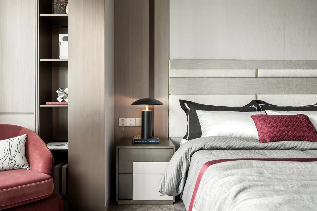 Bedroom Modern Neutral Gray Red Black White