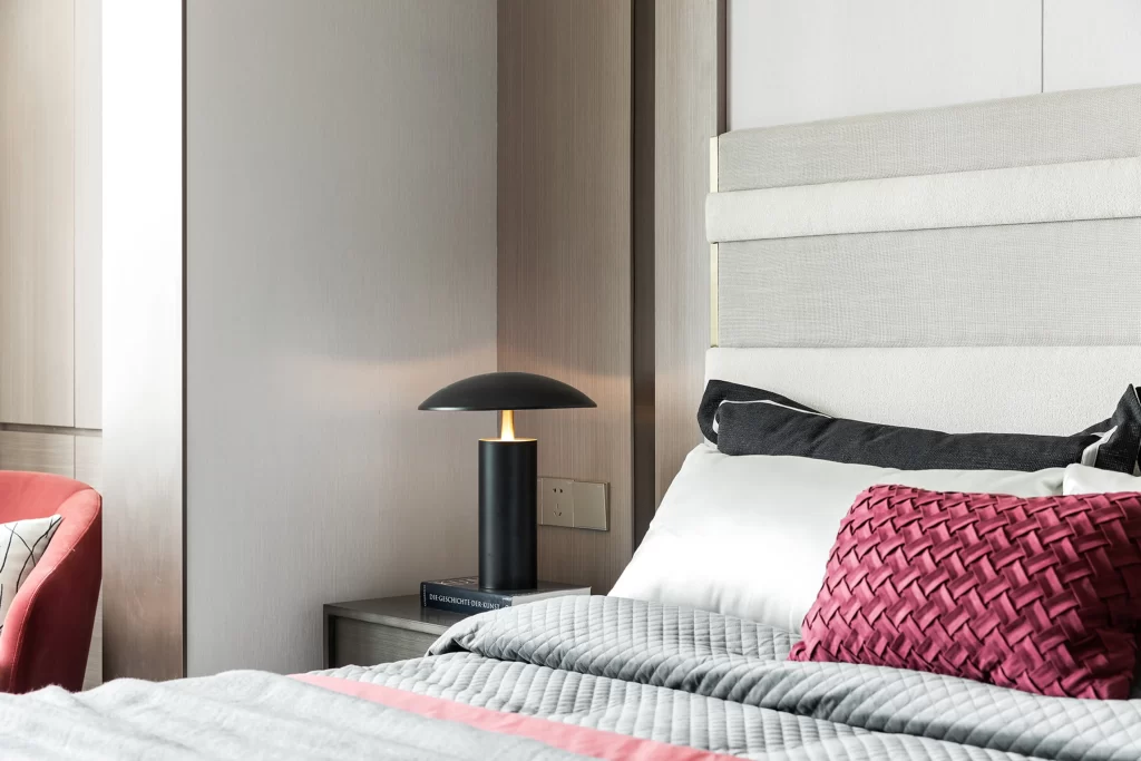Bedroom Modern Neutral Gray White Black Red