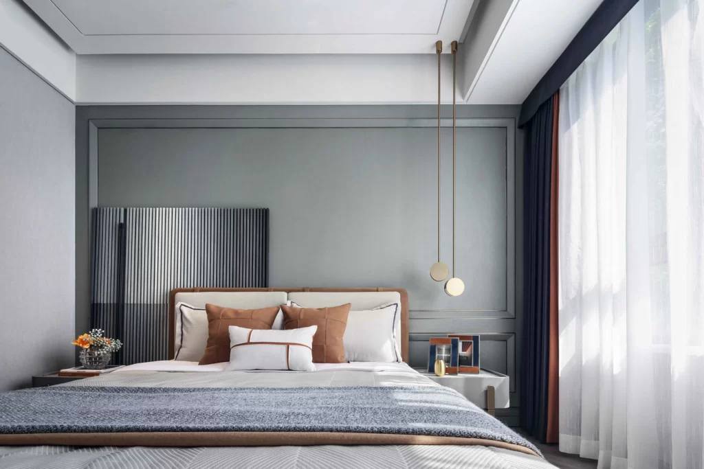 Bedroom Modern Neutral Gray White Brown Accents