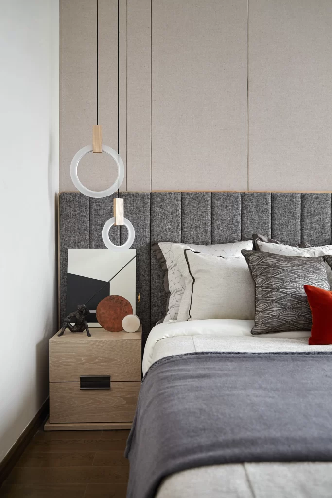 Bedroom Modern Neutral Gray White Wood Accents
