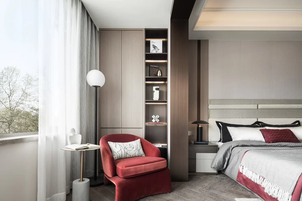 Bedroom Modern Neutral Grey Red Velvet Chair