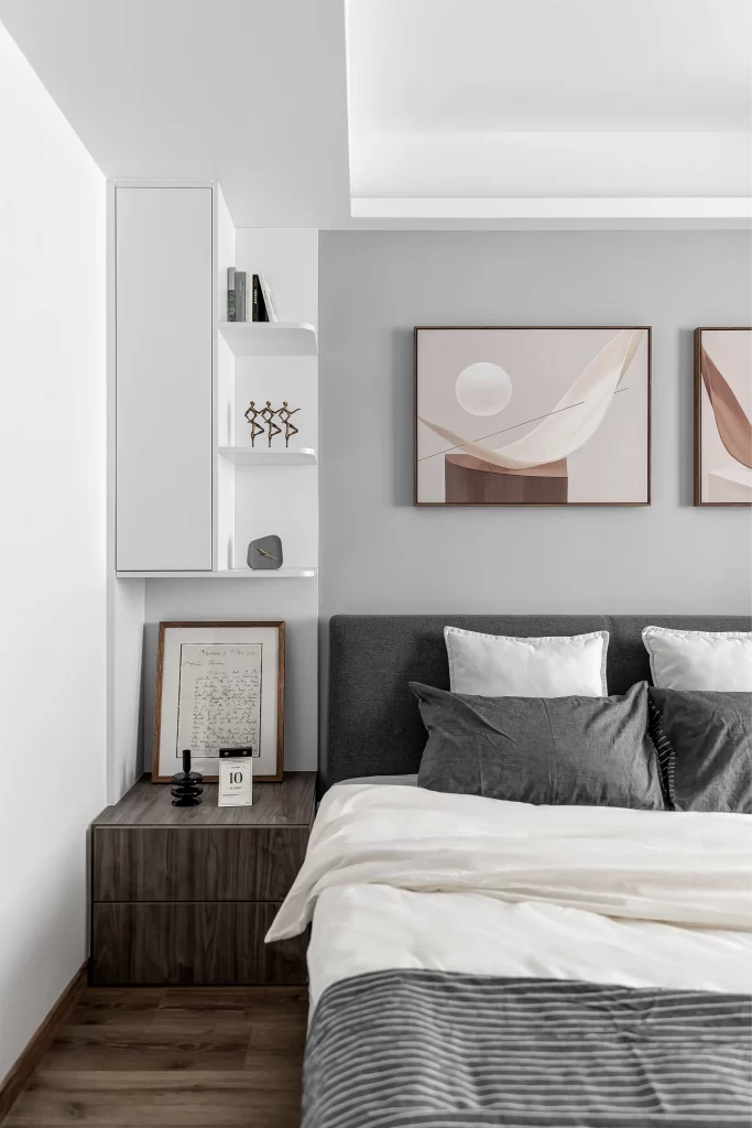 Bedroom Modern Neutral Grey White Wood Accents