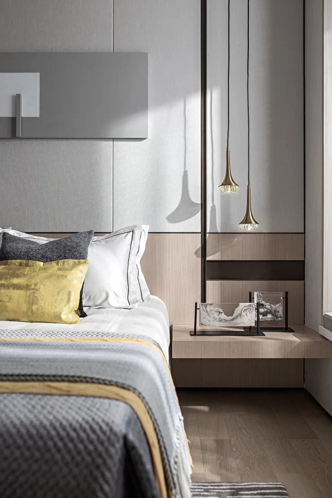 Bedroom Modern Neutral Grey Yellow Wood