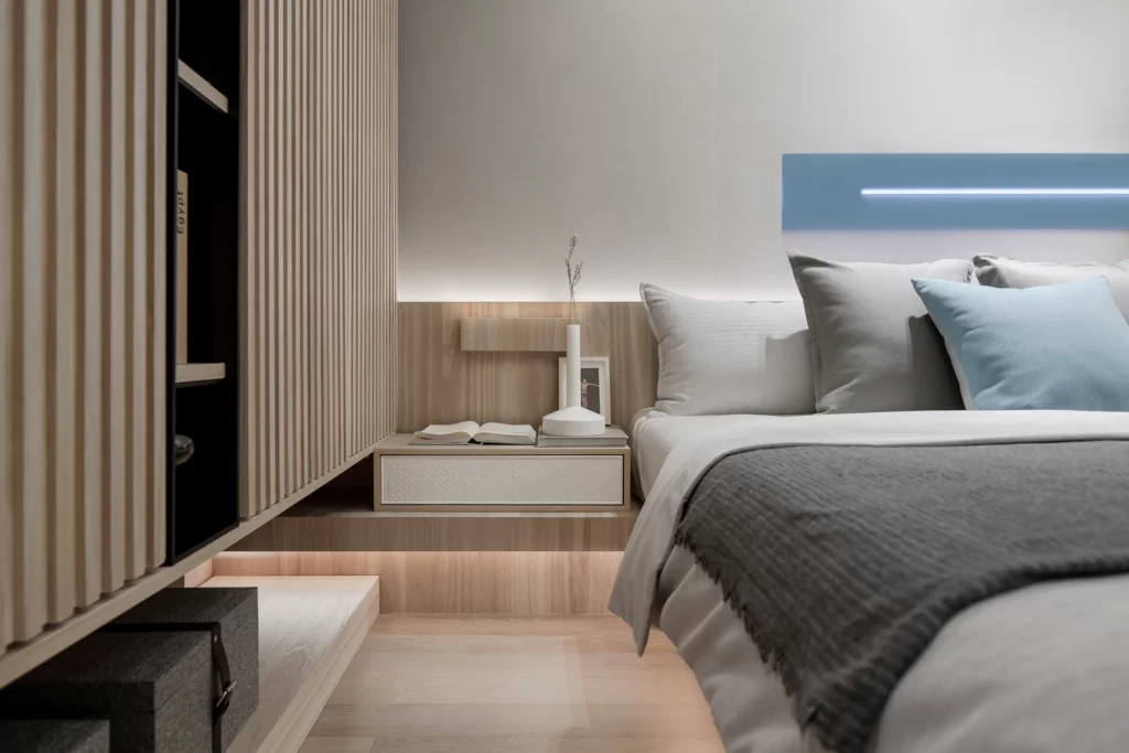 Bedroom Modern Neutral Light Wood Blue Accents