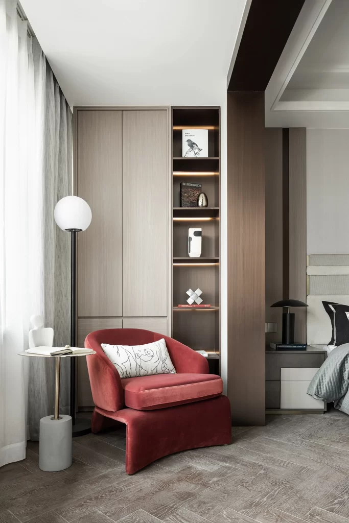 Bedroom Modern Neutral Red Velvet Dark Wood