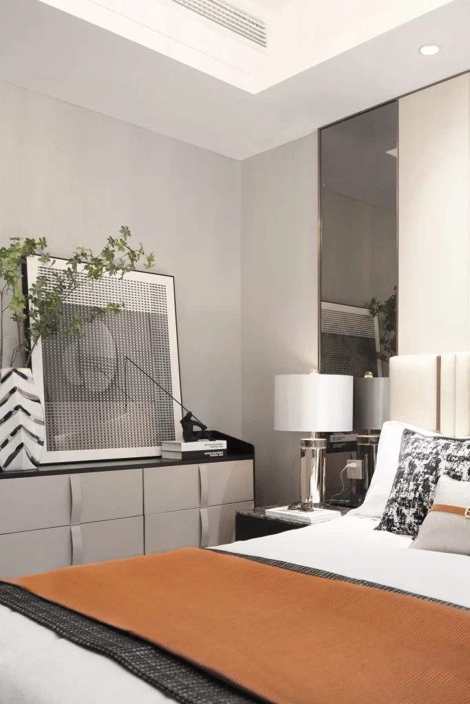 Bedroom Modern Neutral White Gray Orange Accents