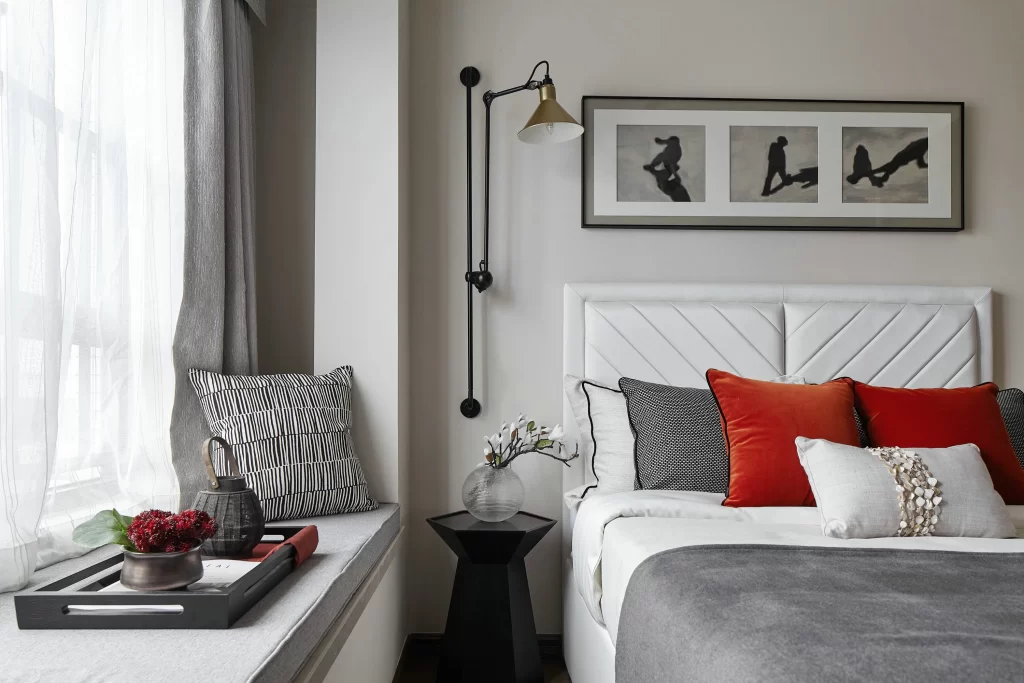 Bedroom Modern Neutral White Gray Red Black