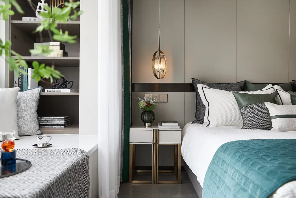 Bedroom Modern Neutral White Green Gold Accents