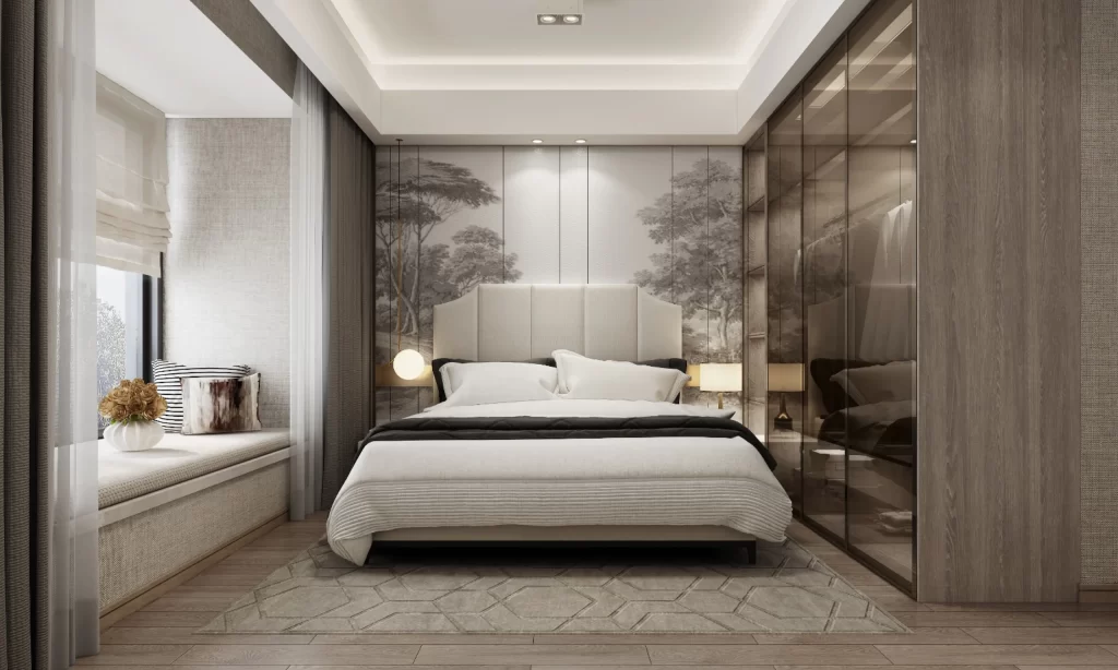 Bedroom Modern Neutral White Grey Wood Patterned Rug