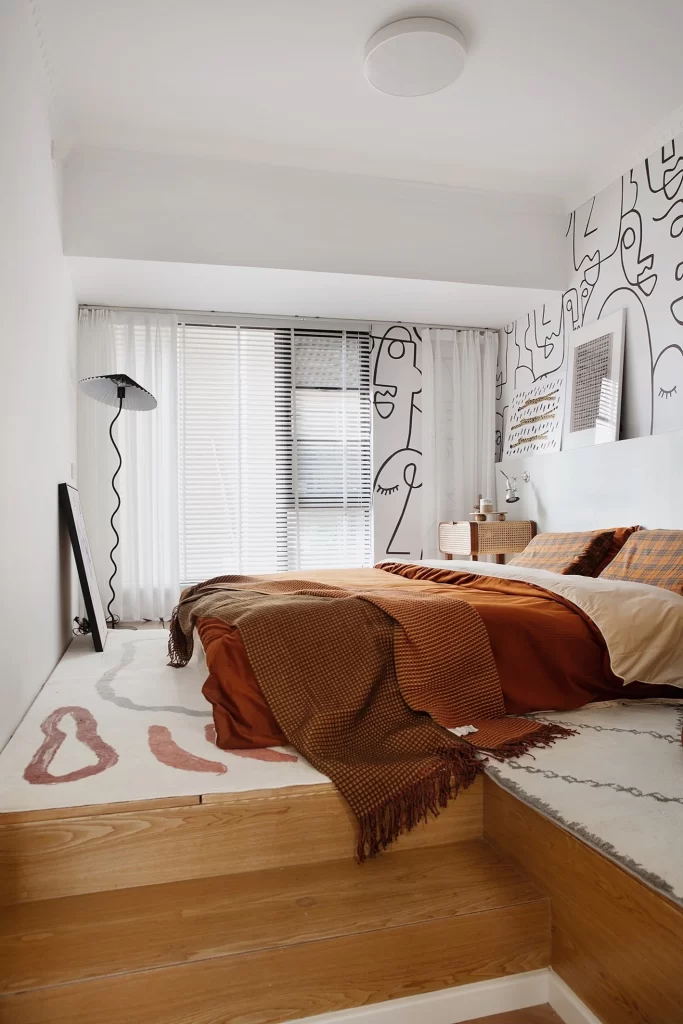 Bedroom Modern Rustic Warm Tones Wooden Platform Artistic Wall