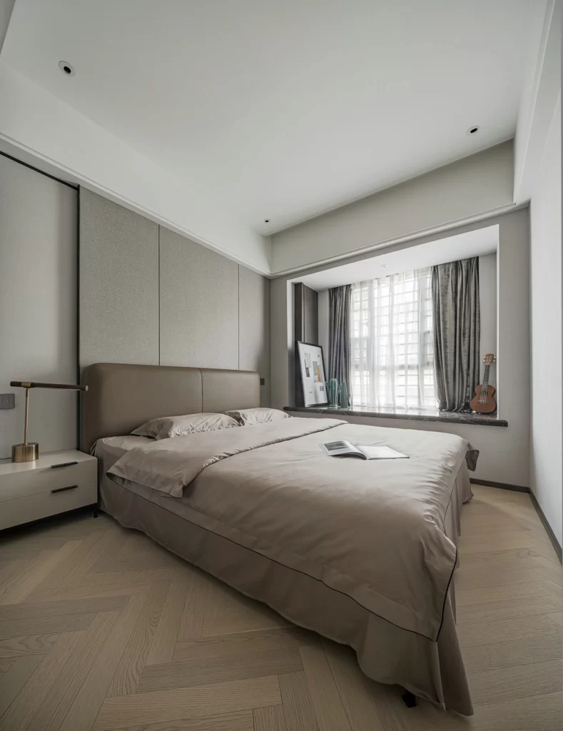 Bedroom Neutral Beige Taupe Wood Herringbone Pattern