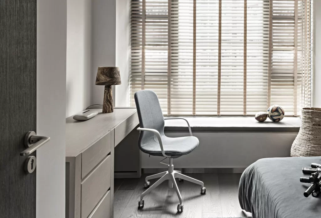 Bedroom Office Space Neutral Tones Wooden Flooring Blinds
