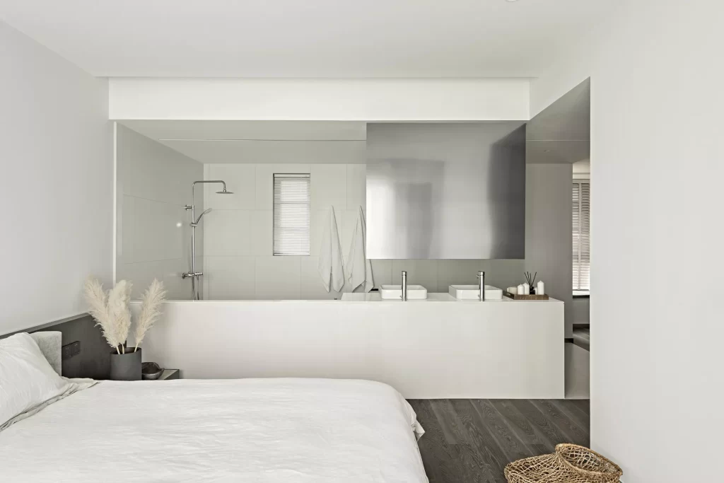 Bedroom Open Concept White Neutral Dark Wood
