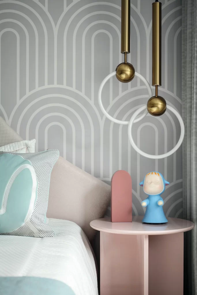 Bedroom Pastel Color Scheme Geometric Patterns Brass Accents Soft Textures