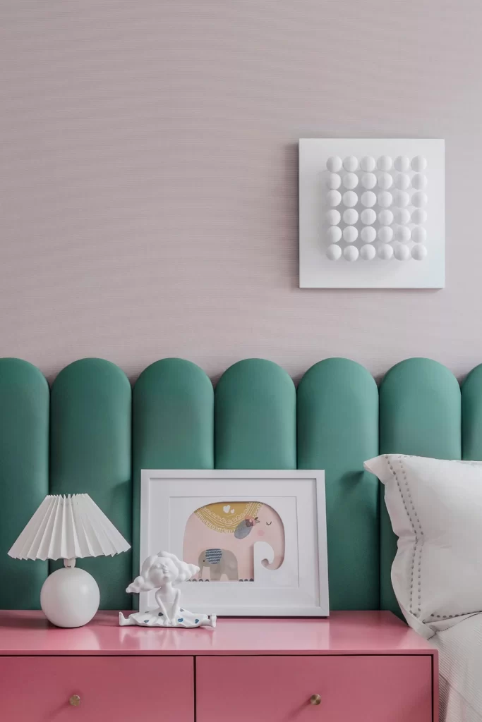 Bedroom Pastel Color Scheme Green Headboard Pink Furniture White Decor