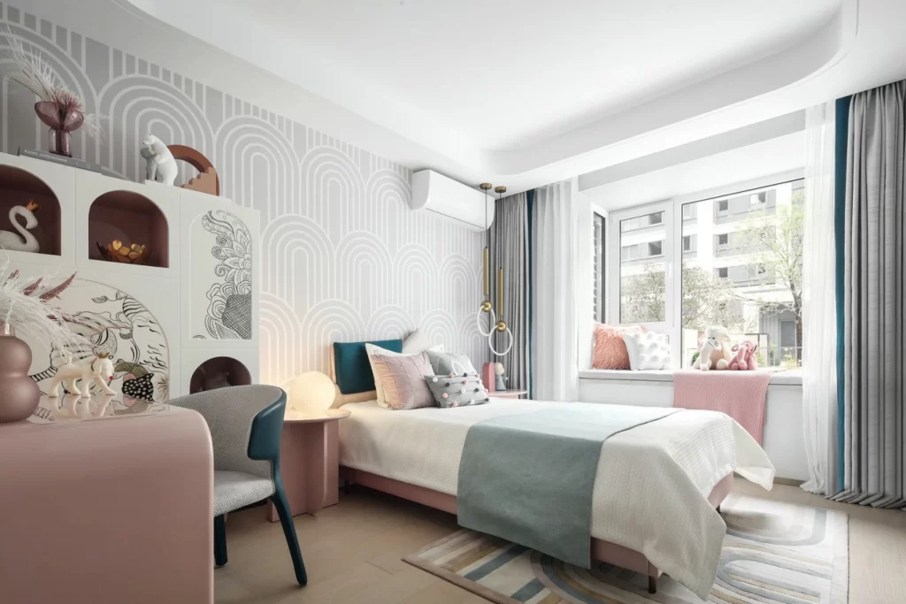 Bedroom Pastel Color Scheme Soft Textures Artistic Wall Design Cozy Atmosphere