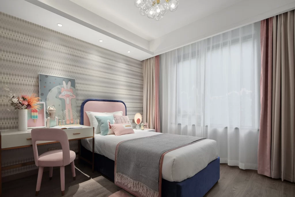Bedroom Pastel Pink Blue Patterned Wallpaper Sheer Curtains