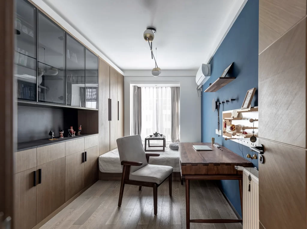 Bedroom Scandinavian Blue White Wood Natural Light