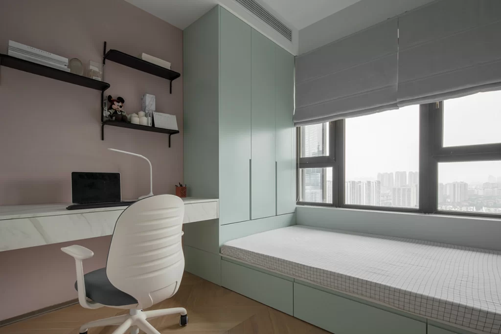 Bedroom Study Space Mint Green Neutral Tones Wooden Flooring