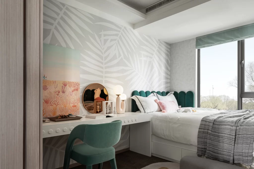 Bedroom Tropical Leaf Pattern White Green Pastel