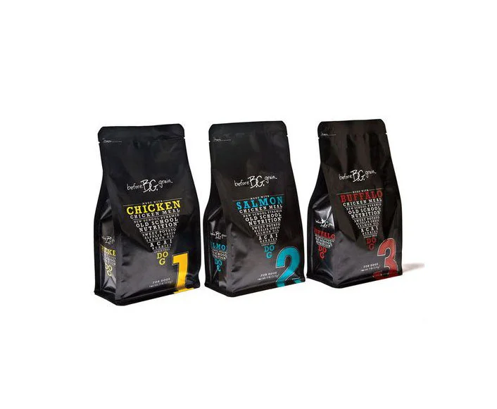 Before Grain Dog Food Chicken Salmon Buffalo Black Bag Typography