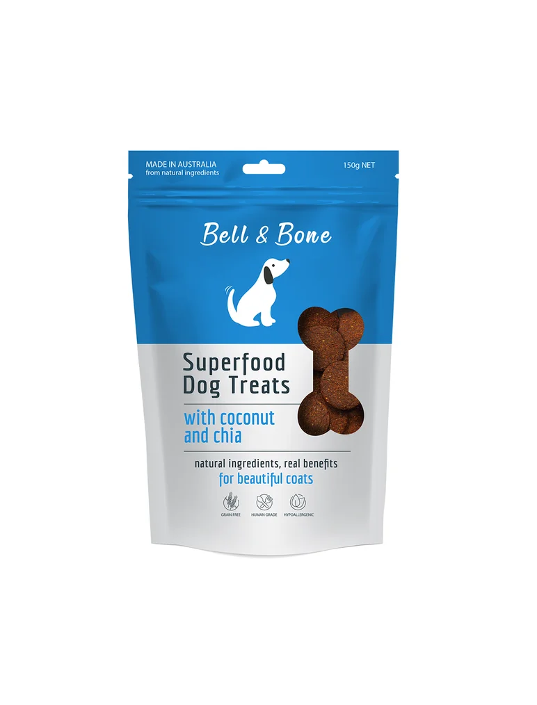 Bell Bone Dog Treats Coconut Chia Blue White Illustration