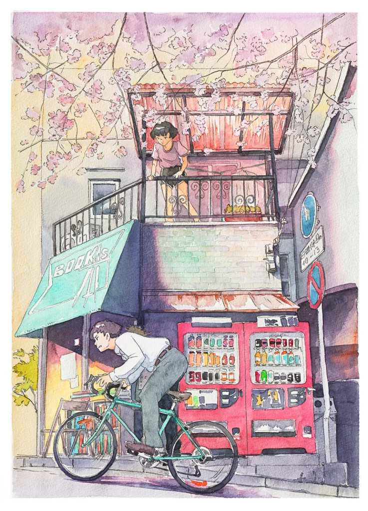 Bicyclist Balcony Vending Machine Cherry Blossoms Urban Scene Mateusz Urbanowicz