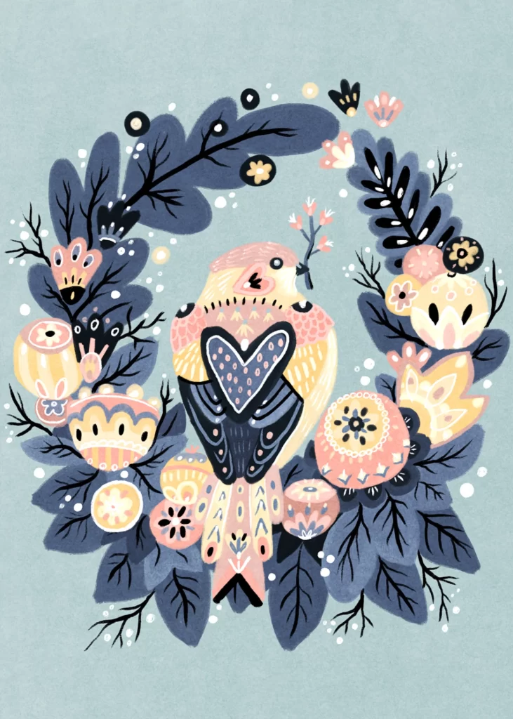 Bird Nature Floral Wreath Heart