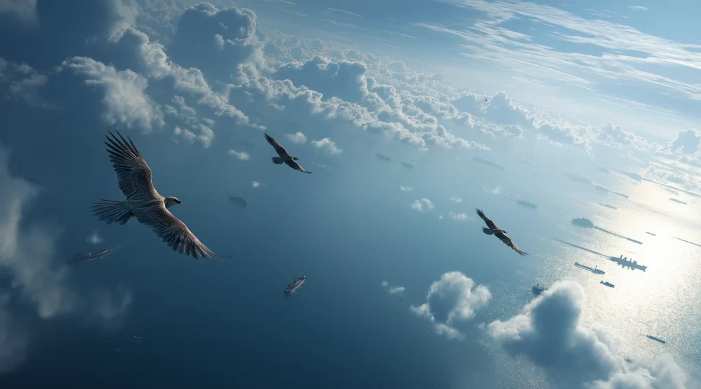 Birds Soaring Over Ocean with Ships