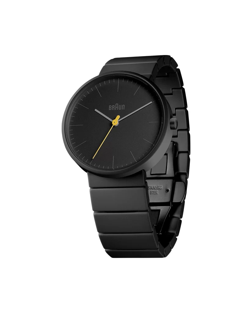Black Watch Minimalist Design Stainless Steel Analog Timepiece Yellow Hands