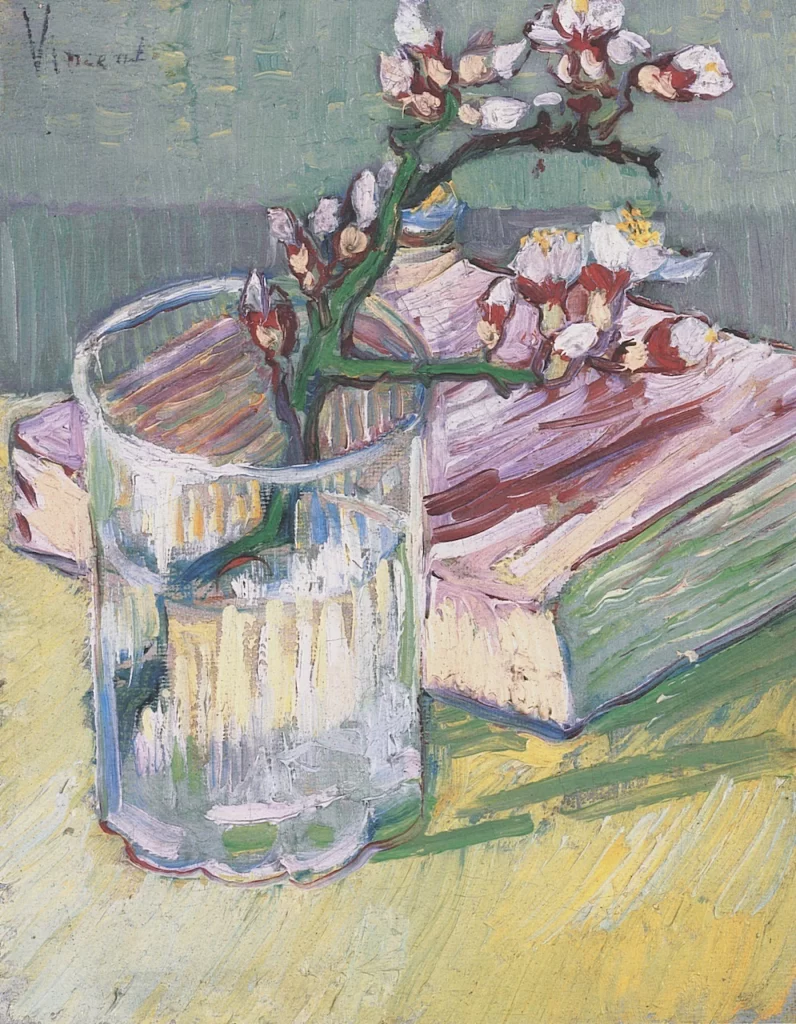 Blossoming Almond Branch in a Glass with a Book Van Gogh